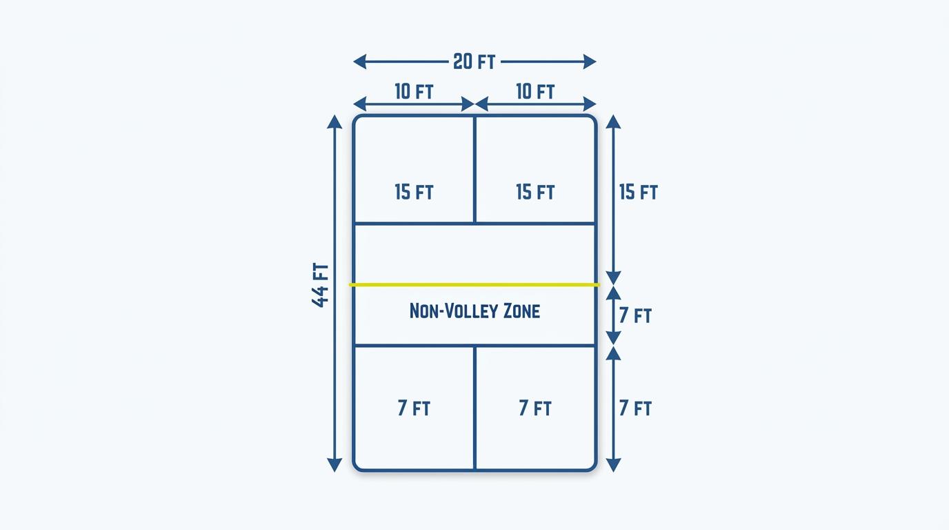Official pickleball court dimensions diagram β 20 ft Γ 44 ft with 7 ft non-volley zone